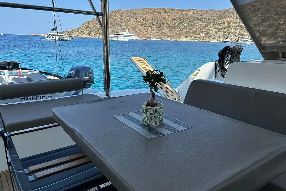 Deck of CEL, a Lagoon 50 catamaran at Piraeus, Greece