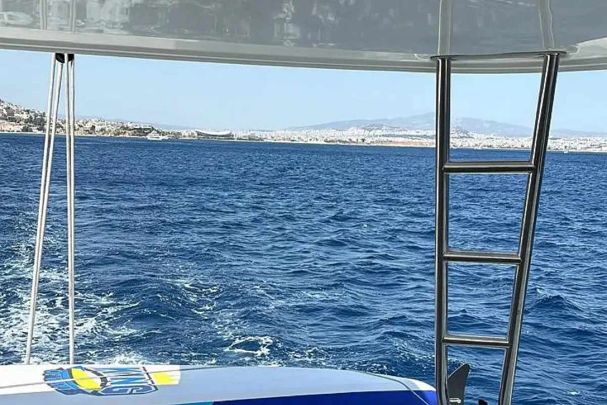 Deck of CEL, a Lagoon 50 catamaran at Piraeus, Greece