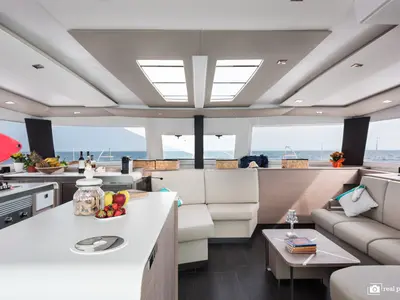 Salon of Papa Charlie, a Fountaine Pajot Aura 51 catamaran at Cannigione, Italy