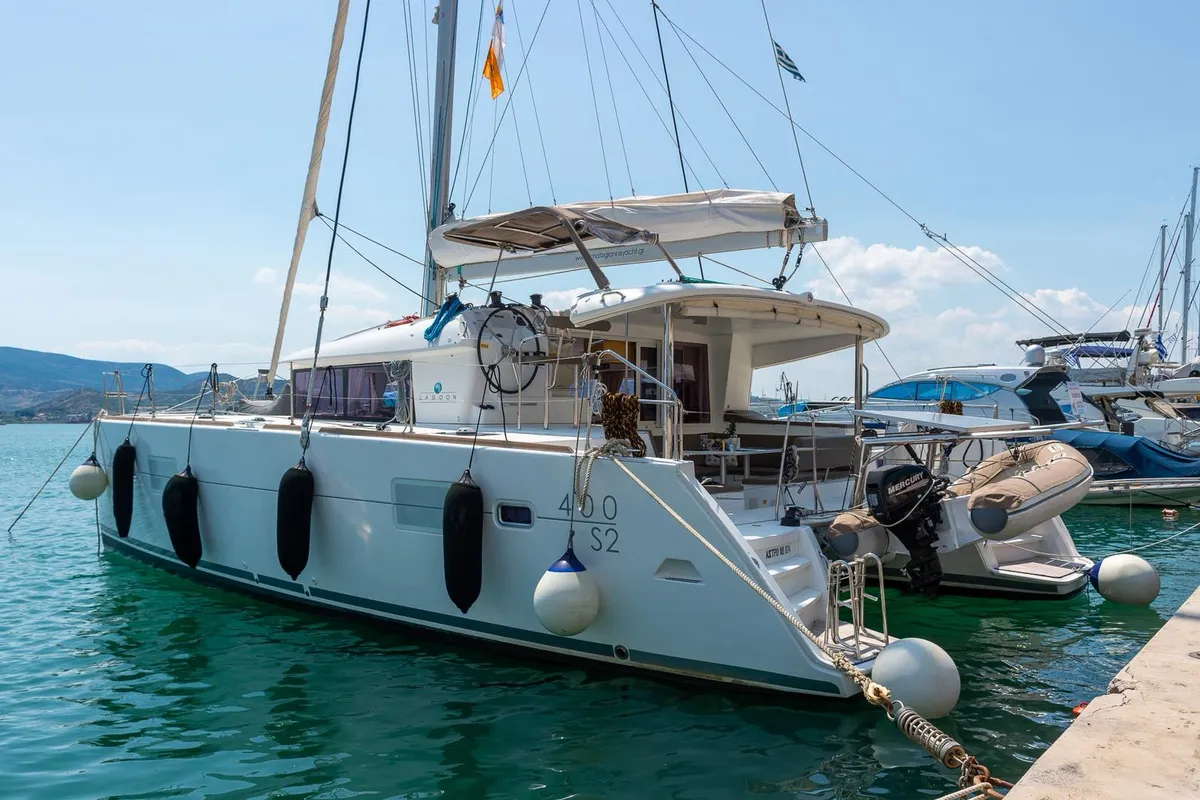 Exterior view of Astro, a Lagoon 400 S2 catamaran at Volos, Greece