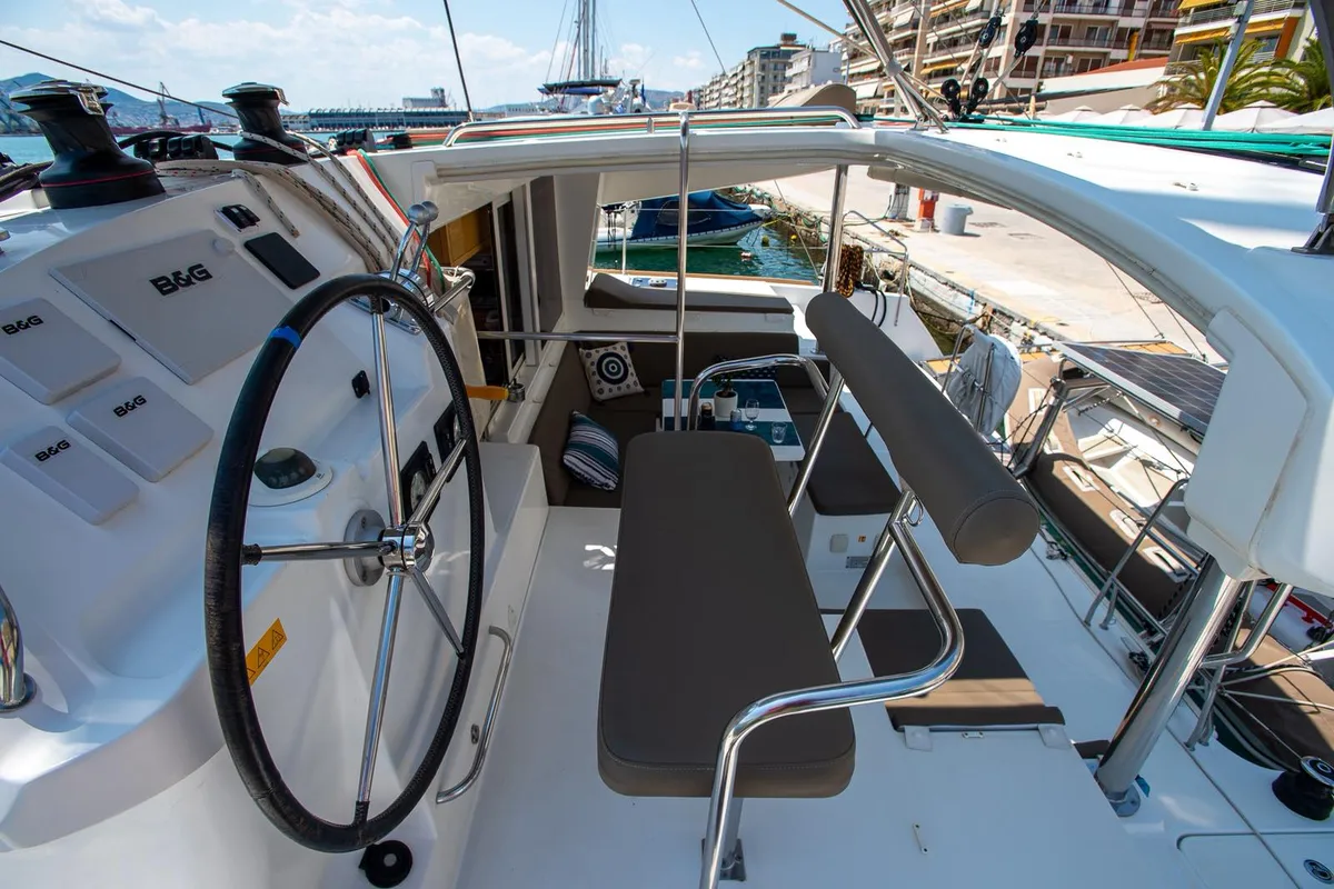 Cockpit of Astro, a Lagoon 400 S2 catamaran at Volos, Greece