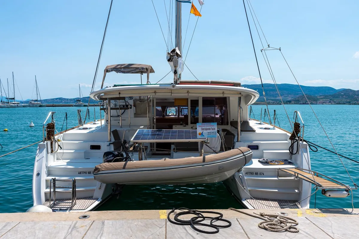Exterior view of Astro, a Lagoon 400 S2 catamaran at Volos, Greece