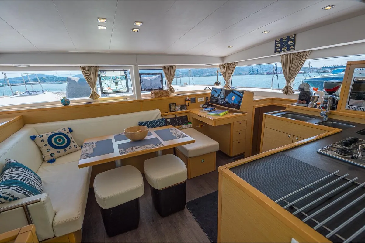 Salon of Astro, a Lagoon 400 S2 catamaran at Volos, Greece