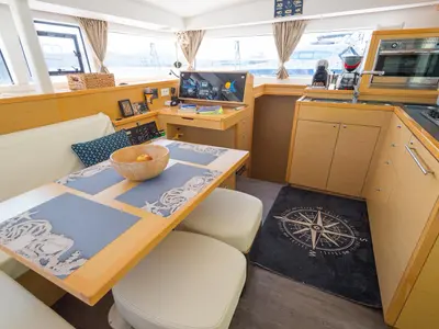 Salon of Astro, a Lagoon 400 S2 catamaran at Volos, Greece