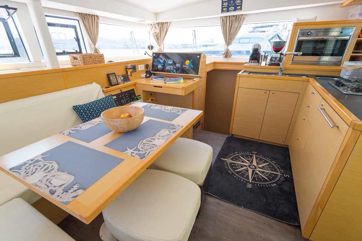 Salon of Astro, a Lagoon 400 S2 catamaran at Volos, Greece