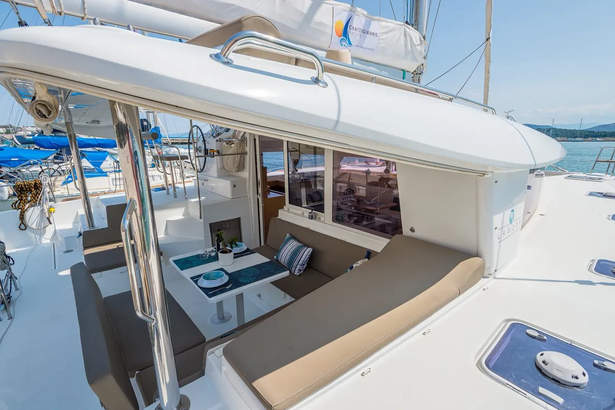 Deck of Astro, a Lagoon 400 S2 catamaran at Volos, Greece