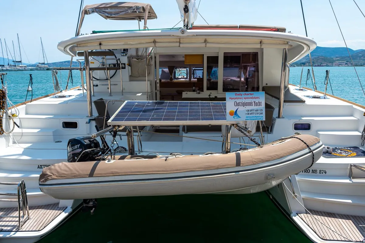Exterior view of Astro, a Lagoon 400 S2 catamaran at Volos, Greece