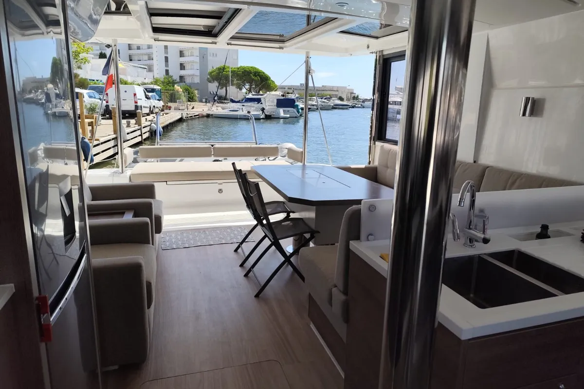 Salon of FIMA, a Bali 4.2 catamaran at Hyères, France