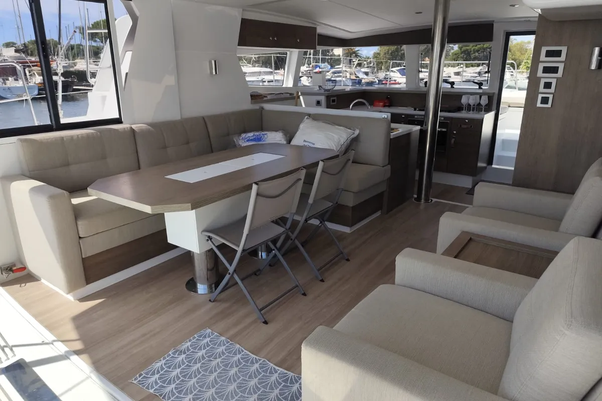 Salon of FIMA, a Bali 4.2 catamaran at Hyères, France