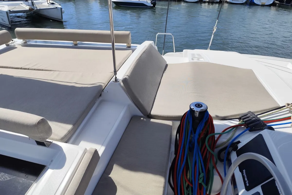 Cockpit of FIMA, a Bali 4.2 catamaran at Hyères, France