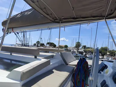 Cockpit of FIMA, a Bali 4.2 catamaran at Hyères, France