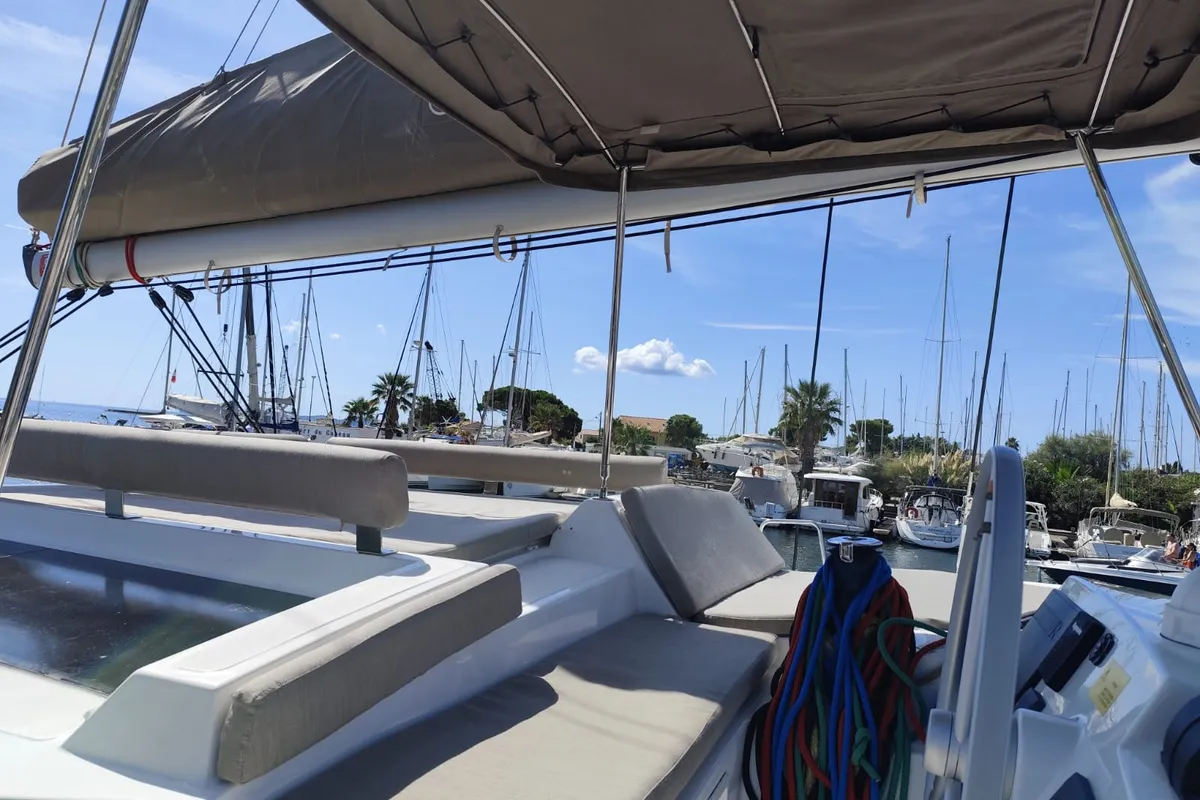 Cockpit of FIMA, a Bali 4.2 catamaran at Hyères, France
