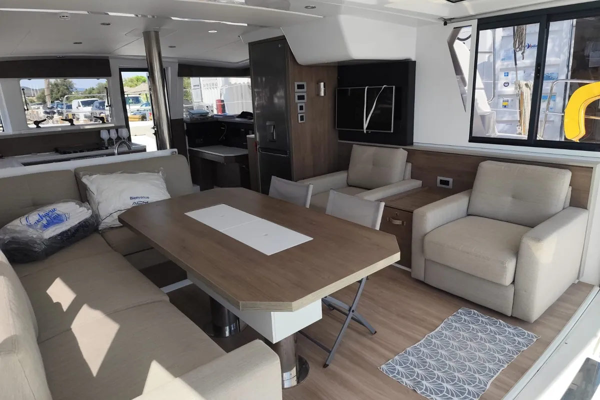 Salon of FIMA, a Bali 4.2 catamaran at Hyères, France