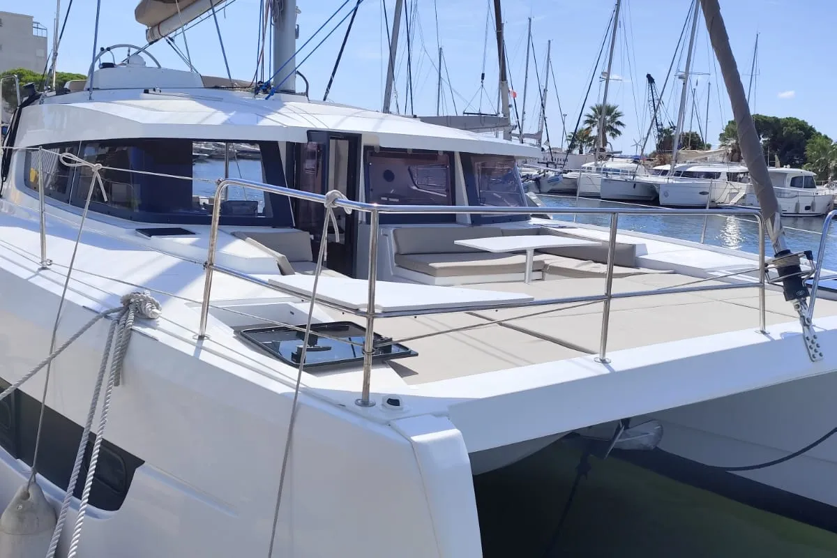 Exterior view of FIMA, a Bali 4.2 catamaran at Hyères, France
