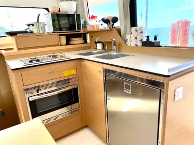 Galley of One Mallorca Crewed, a Excess 11 catamaran at Port d'Andratx, Spain