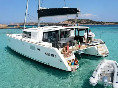 Exterior view of Pollo, a Lagoon 450 Fly catamaran at Lu Palau/Palau, Italy