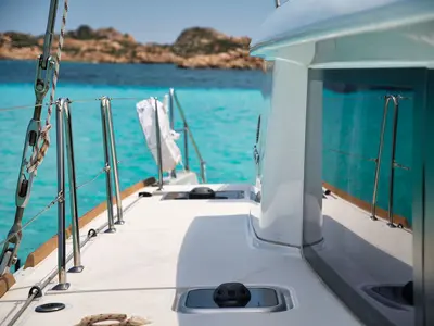 Deck of Pollo, a Lagoon 450 Fly catamaran at Lu Palau/Palau, Italy