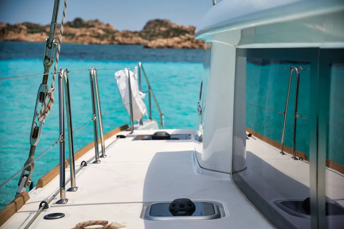 Deck of Pollo, a Lagoon 450 Fly catamaran at Lu Palau/Palau, Italy