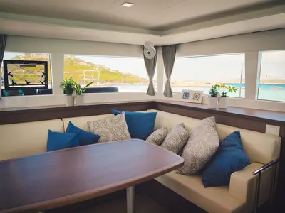 Salon of Pollo, a Lagoon 450 Fly catamaran at Lu Palau/Palau, Italy