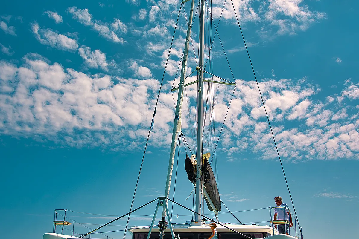 Deck of Pollo, a Lagoon 450 Fly catamaran at Lu Palau/Palau, Italy