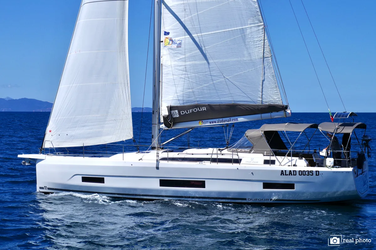 Exterior view of Lucia, a Dufour 470 sailboat at Puntone di Scarlino, Italy