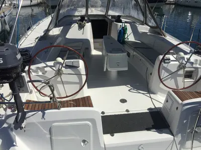 Cockpit of Sea Walks, a Beneteau Cyclades 50.5 sailboat at Salamina Municipal Unit, Greece