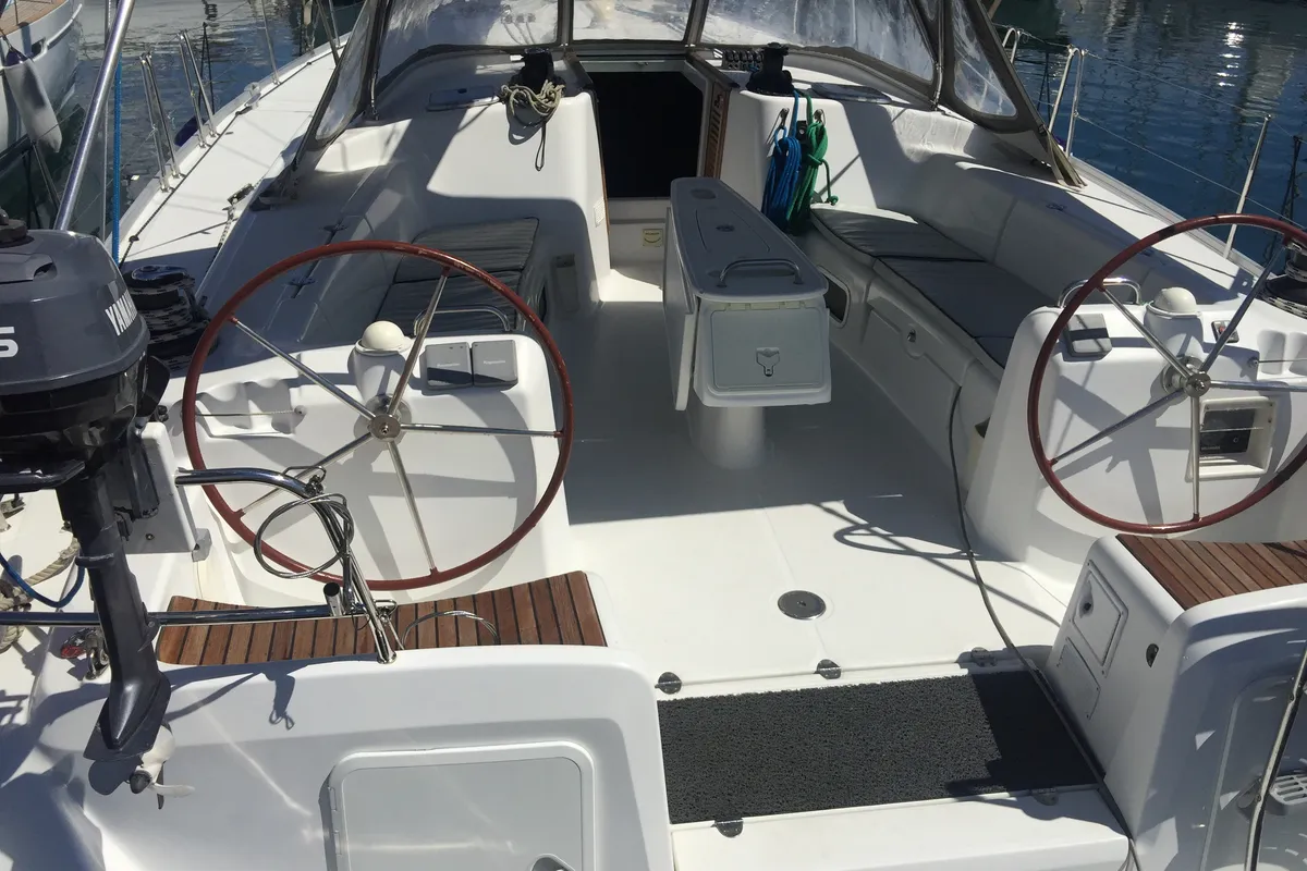 Cockpit of Sea Walks, a Beneteau Cyclades 50.5 sailboat at Salamina Municipal Unit, Greece