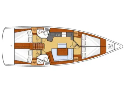 Floor plan of Senza Regole, a Beneteau Oceanis 45 sailboat at Tonnarella, Italy