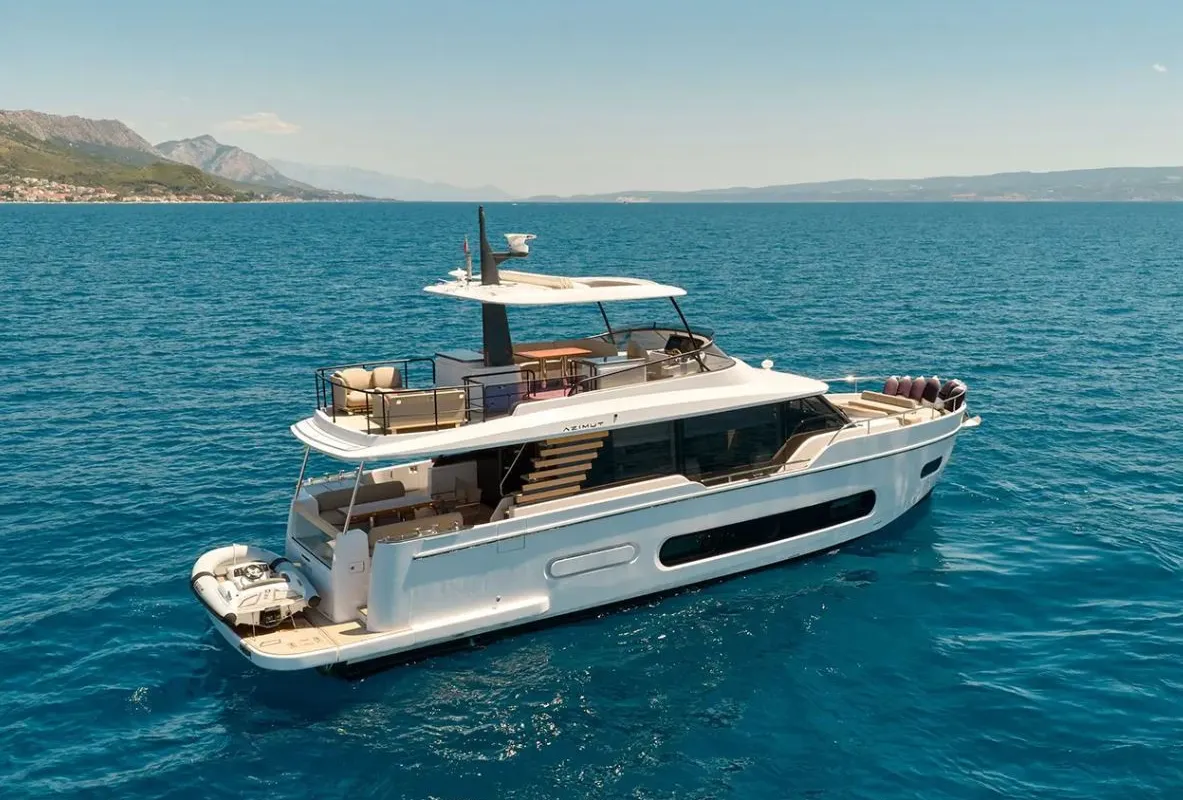 Exterior view of Amparito XIII, a Azimut Magellano 60 motor yacht at Lavreotiki Municipal Unit, Greece