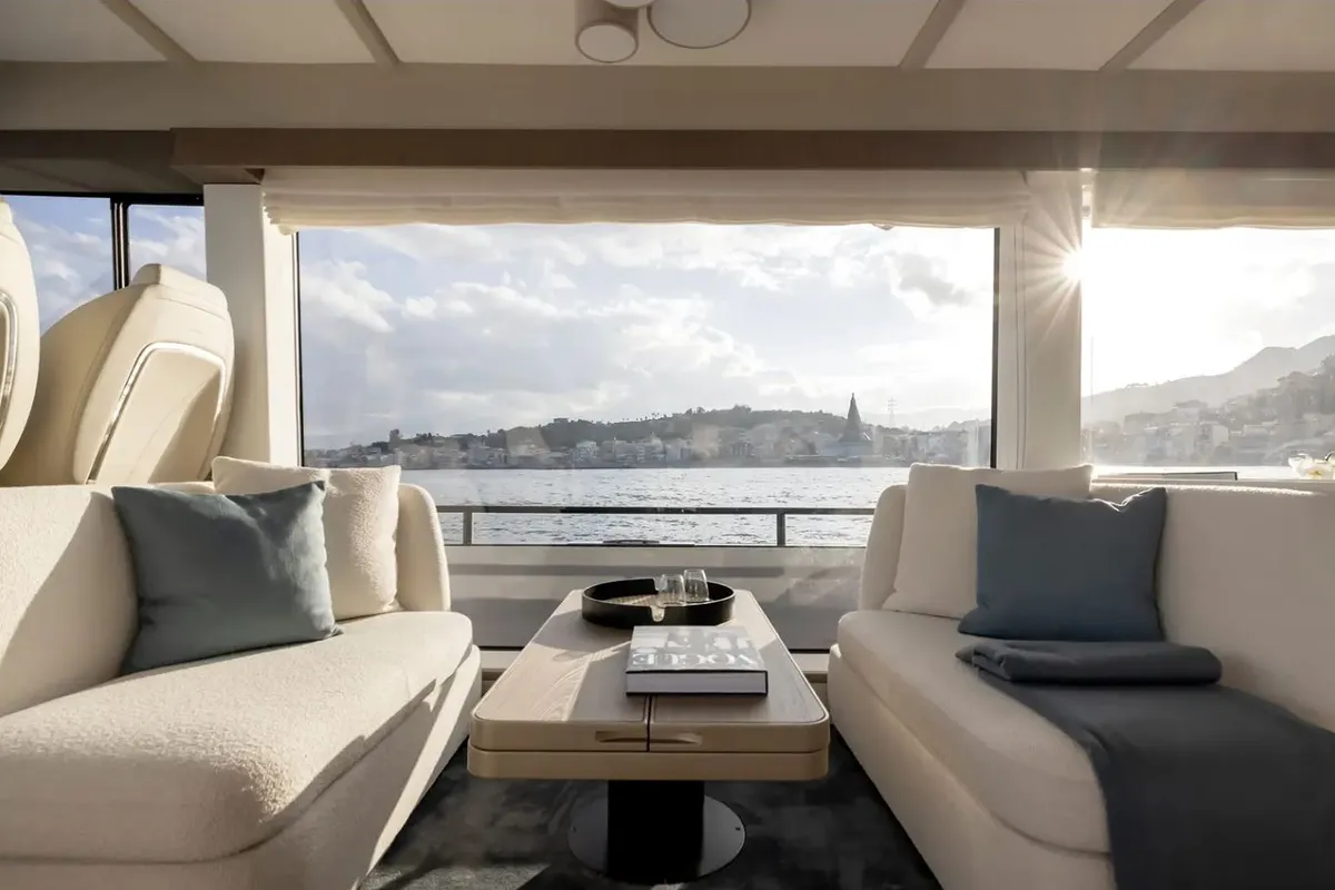 Salon of Amparito XIII, a Azimut Magellano 60 motor yacht at Lavreotiki Municipal Unit, Greece