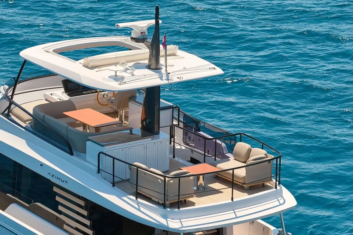 Deck of Amparito XIII, a Azimut Magellano 60 motor yacht at Lavreotiki Municipal Unit, Greece