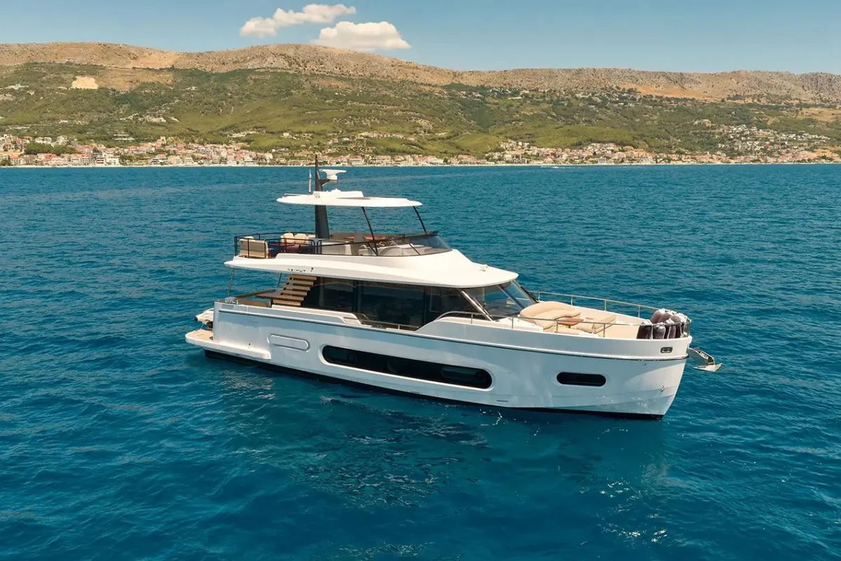 Exterior view of Amparito XIII, a Azimut Magellano 60 motor yacht at Lavreotiki Municipal Unit, Greece