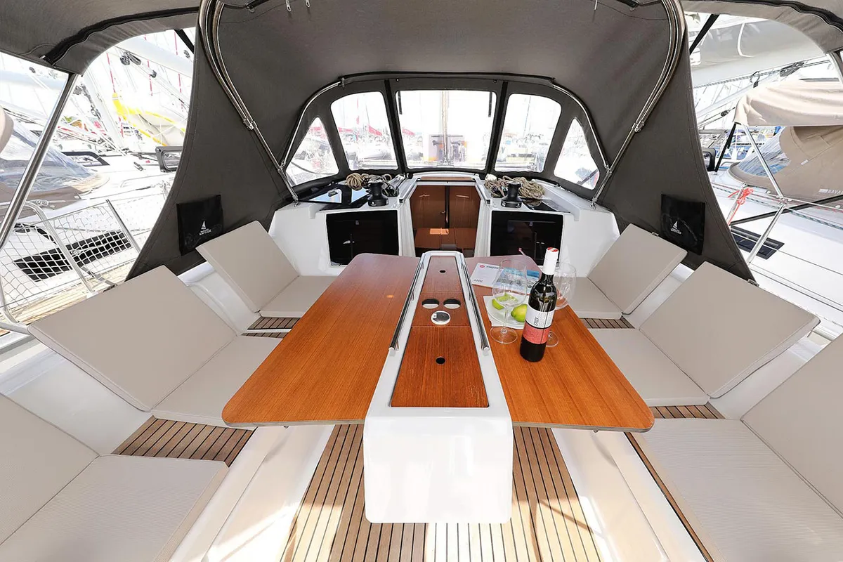 Deck of Elyra, a Dufour 382 GL sailboat at Grad Biograd na Moru, Croatia
