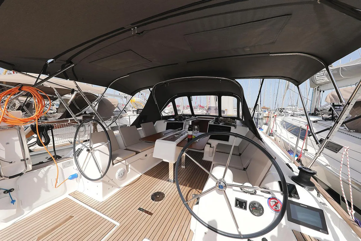 Cockpit of Elyra, a Dufour 382 GL sailboat at Grad Biograd na Moru, Croatia