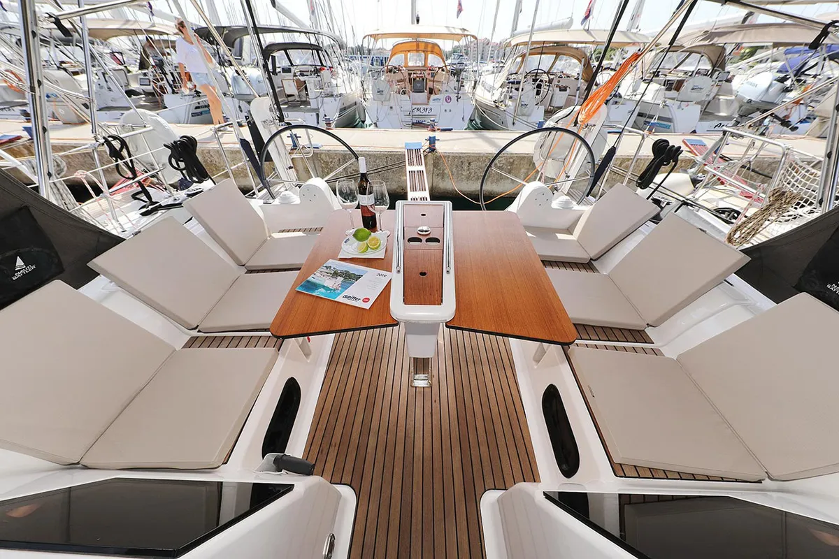 Deck of Elyra, a Dufour 382 GL sailboat at Grad Biograd na Moru, Croatia