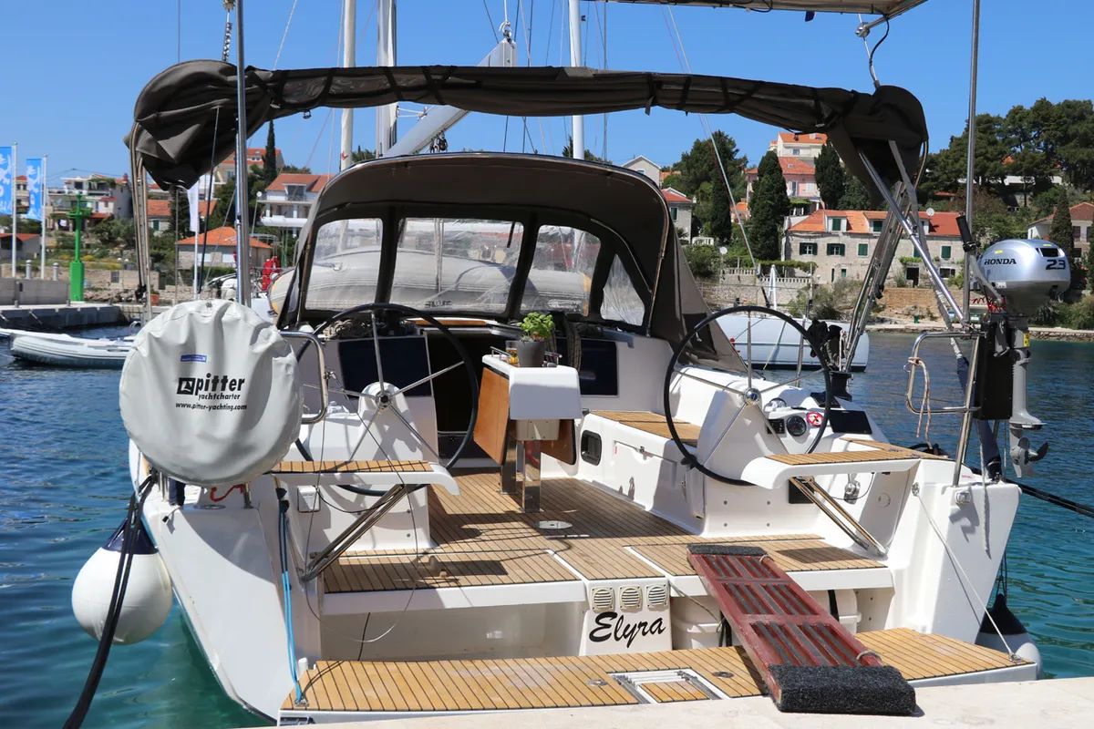 Exterior view of Elyra, a Dufour 382 GL sailboat at Grad Biograd na Moru, Croatia