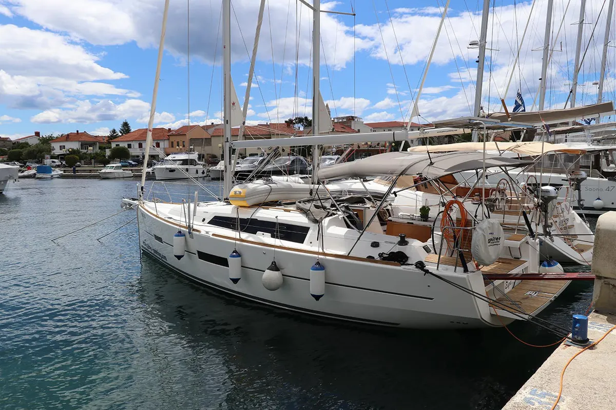 Exterior view of Elyra, a Dufour 382 GL sailboat at Grad Biograd na Moru, Croatia