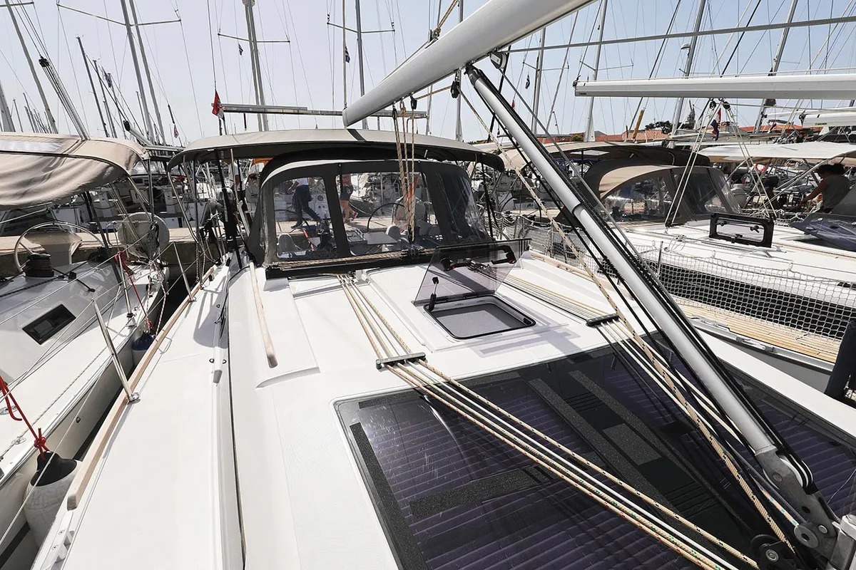 Deck of Elyra, a Dufour 382 GL sailboat at Grad Biograd na Moru, Croatia
