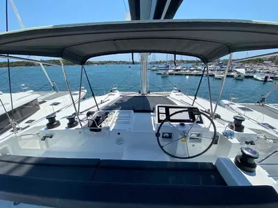 Cockpit of Dreamelli, a Lagoon 450 F catamaran at Trogir, Croatia