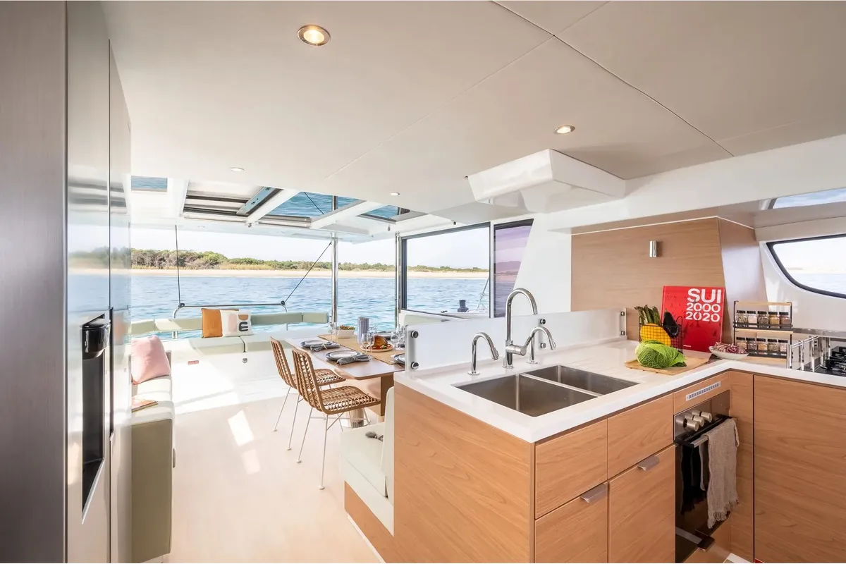 Galley of Romar VII, a Bali 4.6 catamaran at Athens, Greece