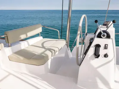 Cockpit of Romar VII, a Bali 4.6 catamaran at Athens, Greece