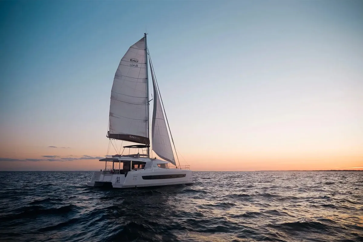 Exterior view of Romar VII, a Bali 4.6 catamaran at Athens, Greece