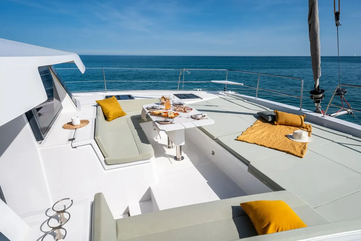 Deck of Romar VII, a Bali 4.6 catamaran at Athens, Greece