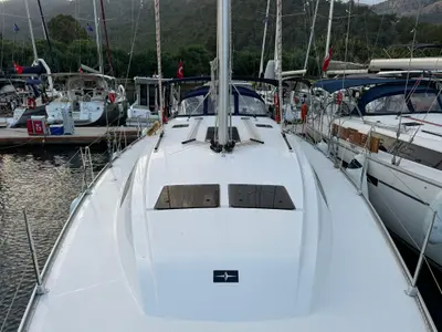 Deck of Orion, a Bavaria Cruiser 46 sailboat at Fethiye, Turkey