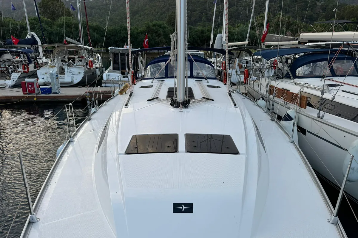 Deck of Orion, a Bavaria Cruiser 46 sailboat at Fethiye, Turkey