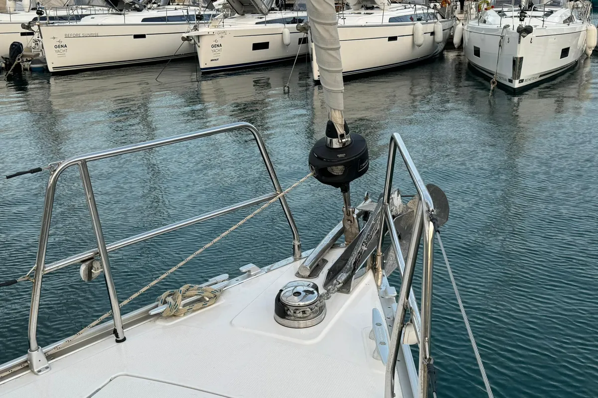Deck of Orion, a Bavaria Cruiser 46 sailboat at Fethiye, Turkey
