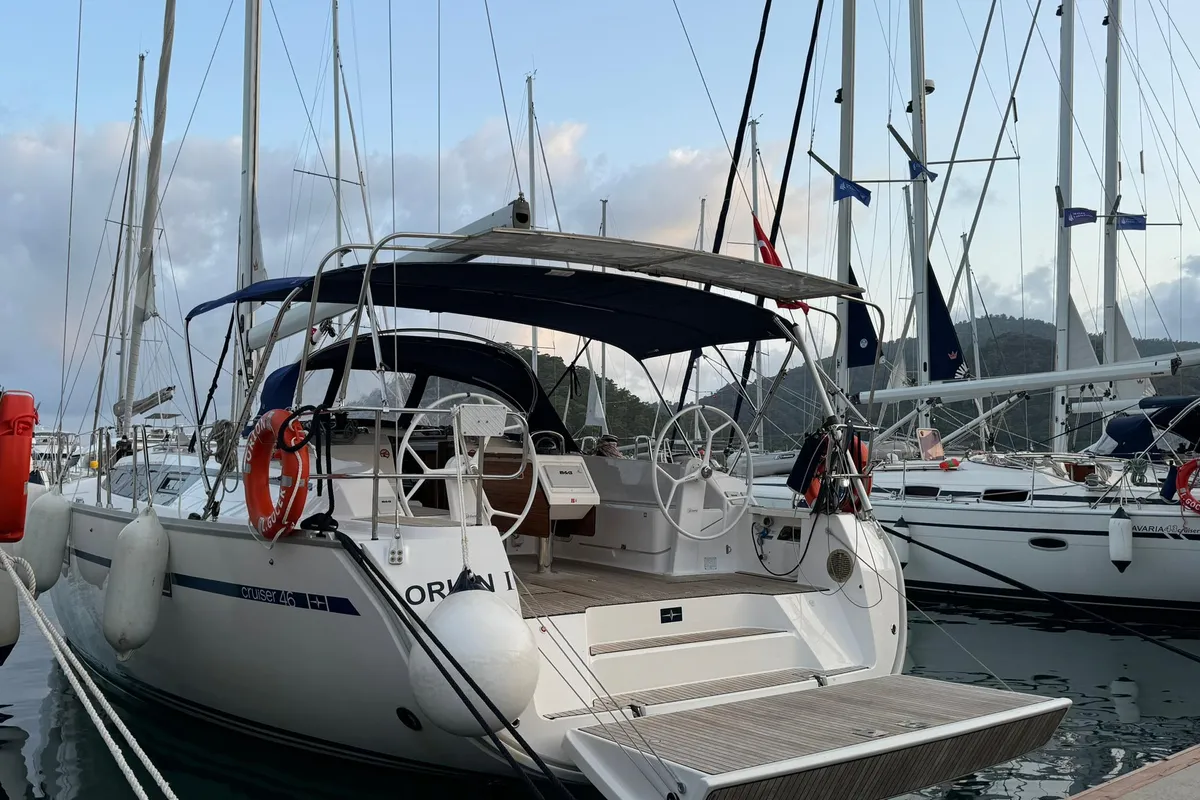Exterior view of Orion, a Bavaria Cruiser 46 sailboat at Fethiye, Turkey