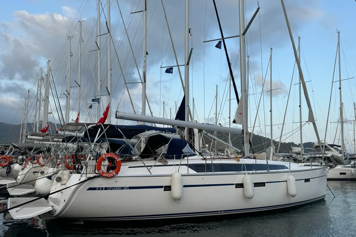 Exterior view of Orion, a Bavaria Cruiser 46 sailboat at Fethiye, Turkey