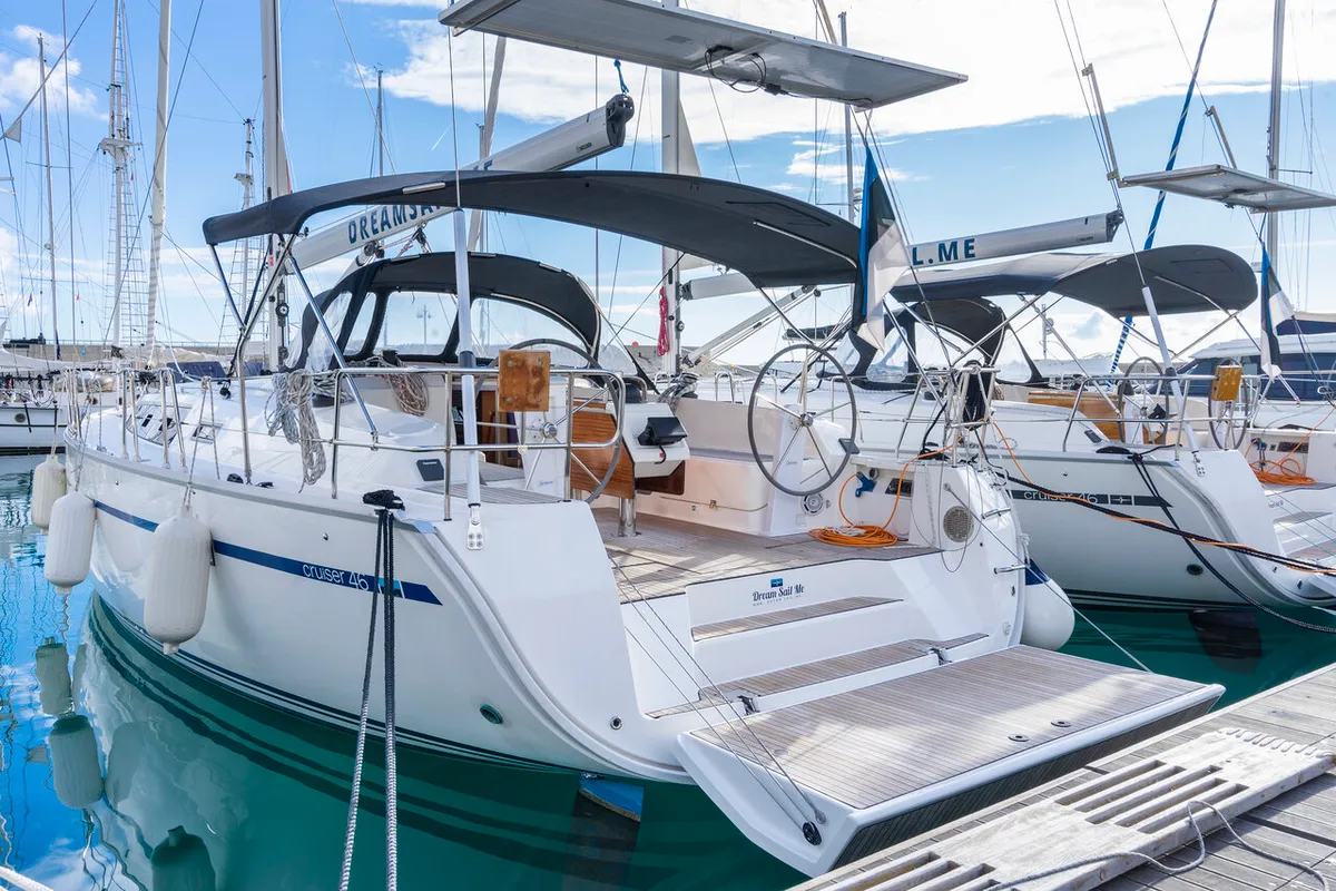 Exterior view of Kalev, a Bavaria Cruiser 46 sailboat at Općina Marina, Croatia