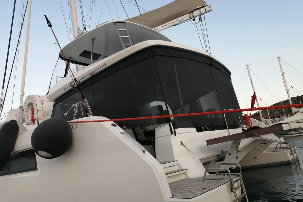 Exterior view of Clara, a Lagoon 50 catamaran at Marmaris, Turkey